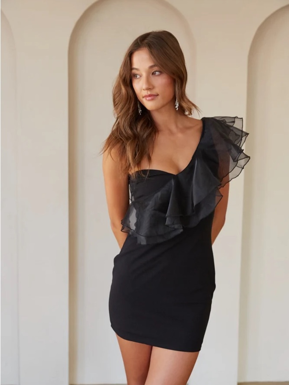 Maya One Shoulder Organza Black Ruffle Mini Dress
